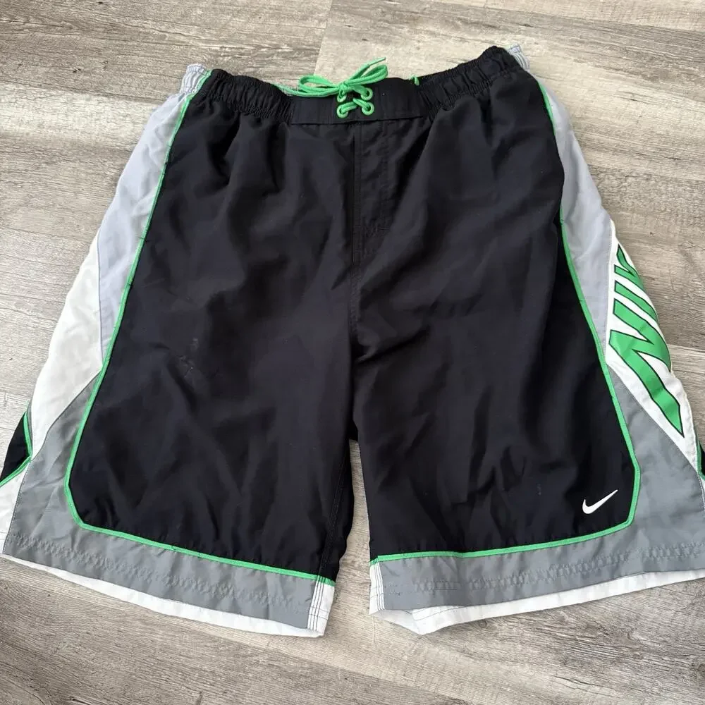 NIKE Board Shorts Mens Sz XXL Black Gray w Mesh Brief Pockets Swim Elastic Waist